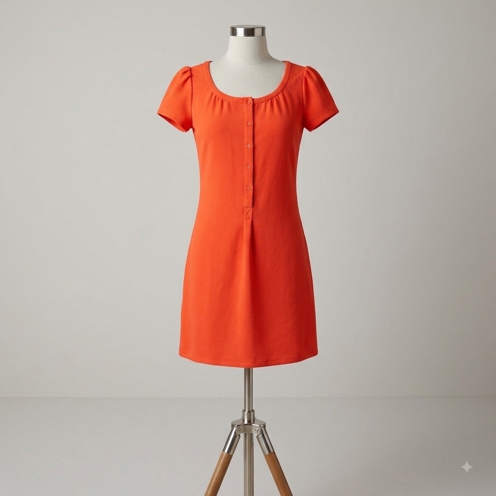 90s Y2K Vintage Esprit Orange Mini Dress Short Sleeve Button Front Scoop Neck 2